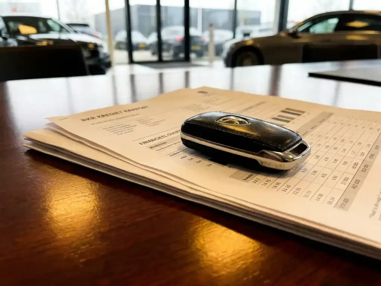 Luxe zwarte autosleutel ligt op Nederlandse BKR-kredietrapportdocumenten op mahonie bureau in autoshowroom