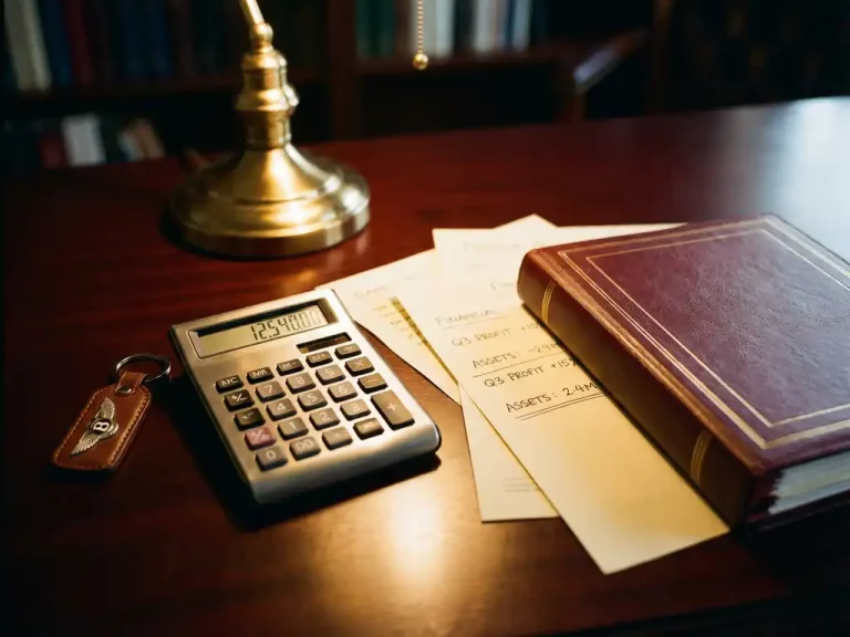 Calculator op mahonie bureau naast Bentley autosleutels en financiële documenten onder gouden bureaulamp