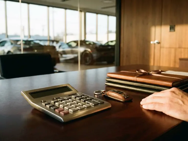 Elegante calculator met metalen toetsen op mahonie bureau naast luxe autosleutels en leren contracten in showroom