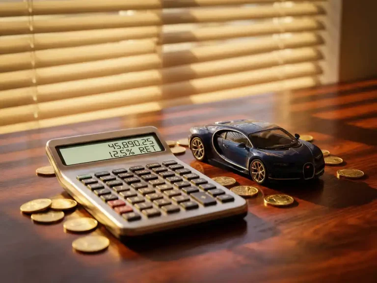 Calculator met financiële cijfers naast luxe sportwagen model op mahonie bureau, gouden munten en zonlicht door jaloezieën
