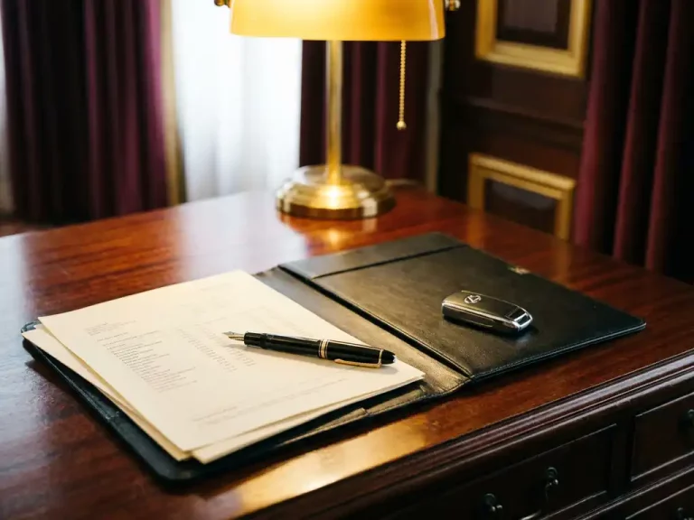 Open zwartleren portfolio op mahoniehout bureau met financiële documenten, autosleutels en Mont Blanc pen onder gouden bureaulamp