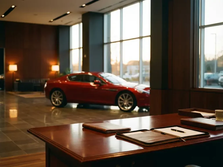 Rode sportwagen in premium showroom met financieringsdocumenten op mahonie bureau, warme verlichting door ramen