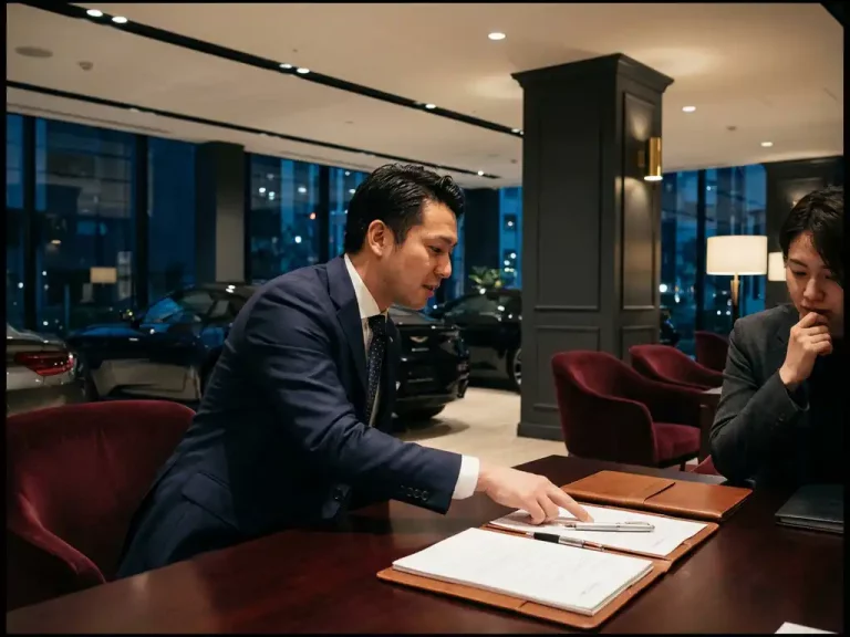 Luxe autodealer in donker pak presenteert financieringsdocumenten aan klant in elegante showroom met sportwagens