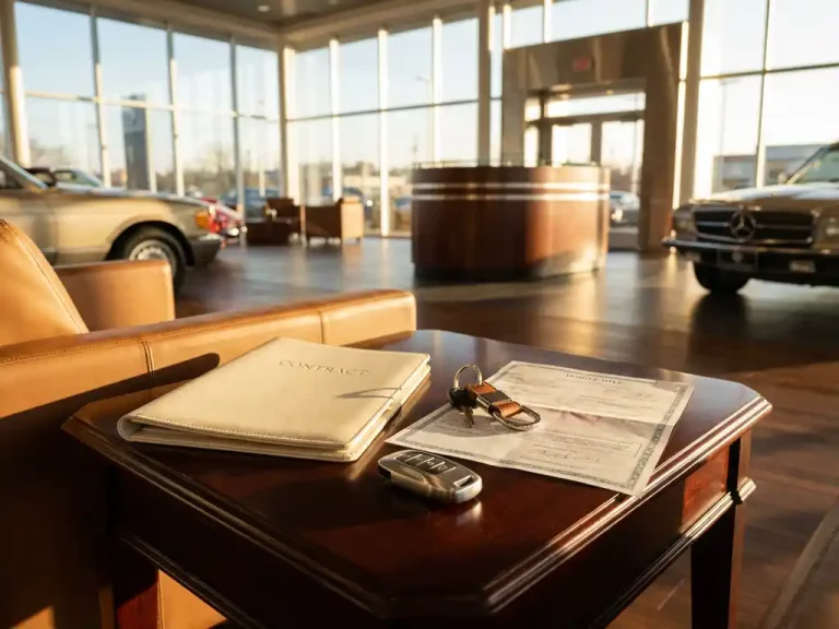 Metalen sportautosleutel op mahoniehout naast contractmap, sleutelhanger en voertuigtitel in luxe autoshowroom