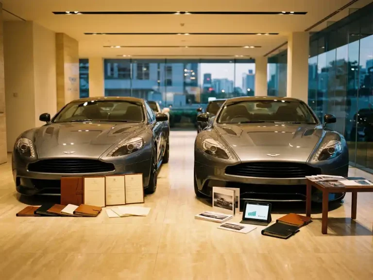 Twee identieke luxe sportwagens in showroom met financieringsdocumenten en dealermateriaal op marmeren vloer