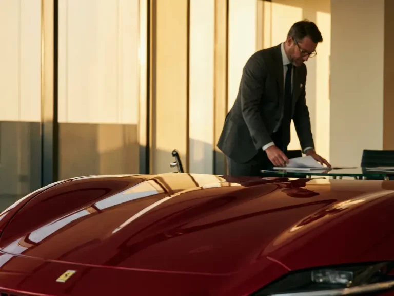 Rode sportwagen in moderne showroom met zakenman die financieringsdocumenten bestudeert aan glazen bureau