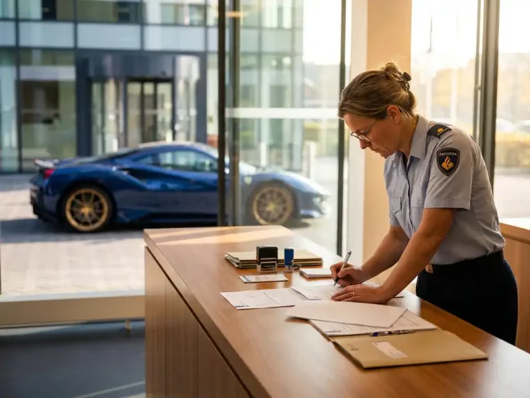 Glanzende geïmporteerde supercar bij Nederlandse voertuigregistratie met ambtenaar die importdocumenten controleert
