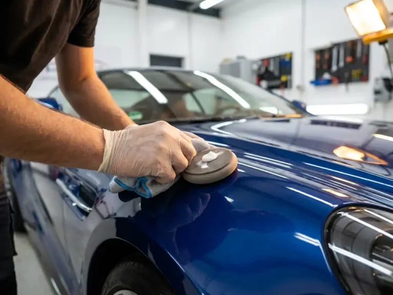 Technicus polijst krassen uit metallic blauwe autolak met microvezeldoek in professionele werkplaats
