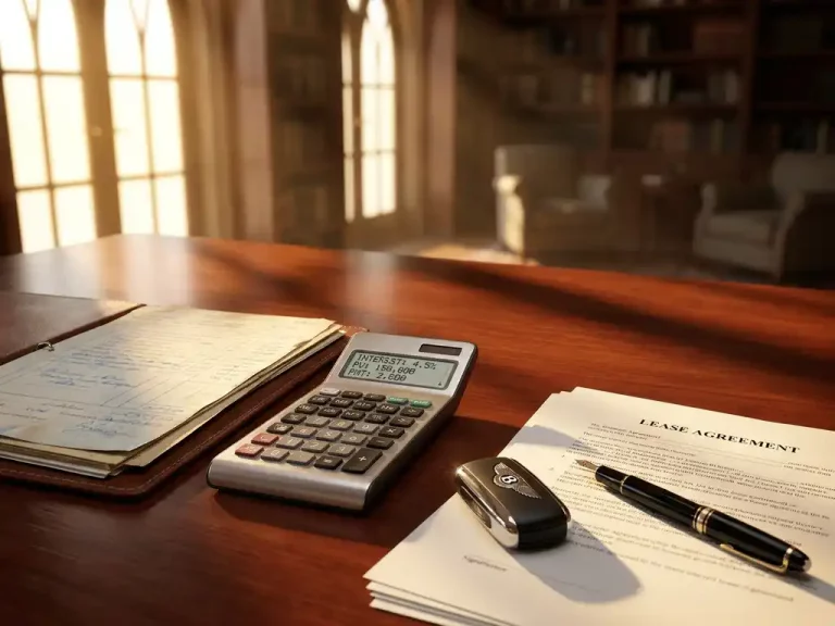 Mahonie bureau met calculator, luxe autosleutels, Mont Blanc pen en lease documenten in warm gouden licht