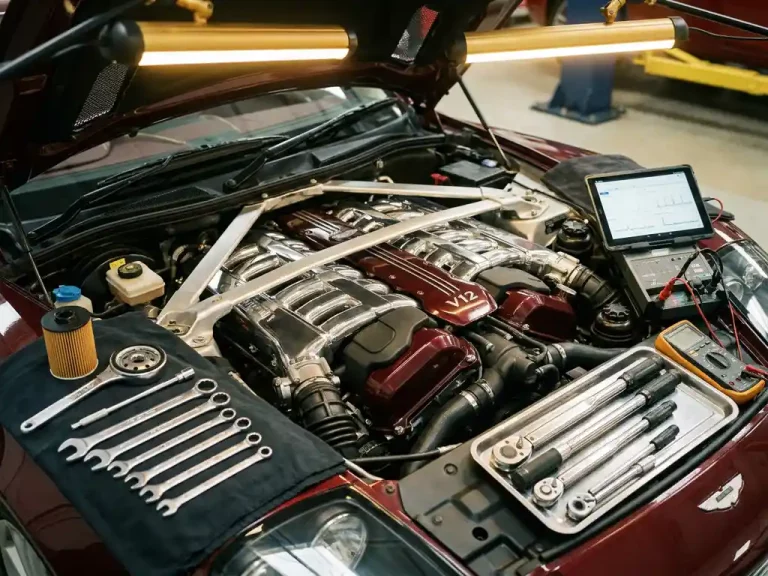 Luxe sportwagen motorruimte met basis onderhoudsgereedschap en geavanceerde diagnostische apparatuur onder warme werkplaatsverlichting
