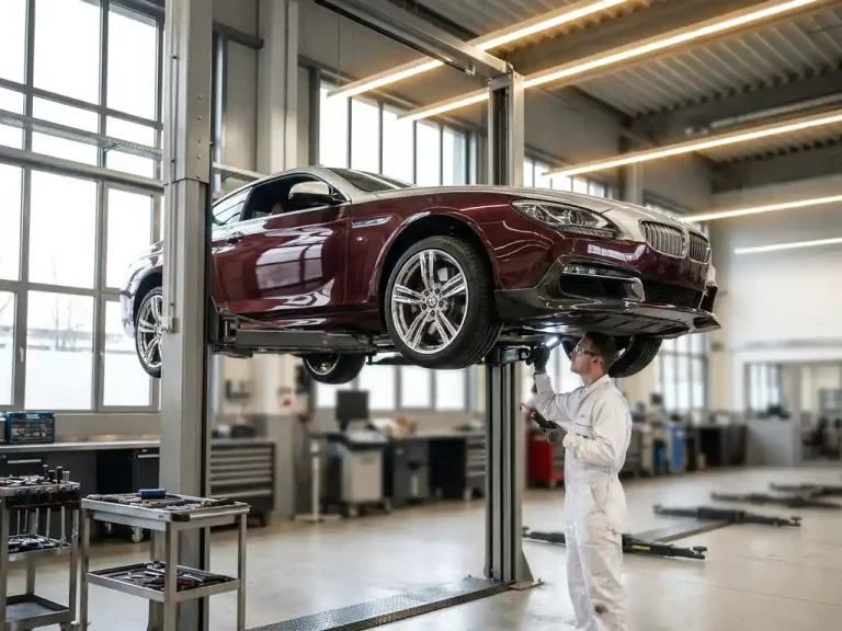 Luxe sportwagen op hydraulische hefbrug terwijl monteur in witte overall het onderstel inspecteert in professionele werkplaats