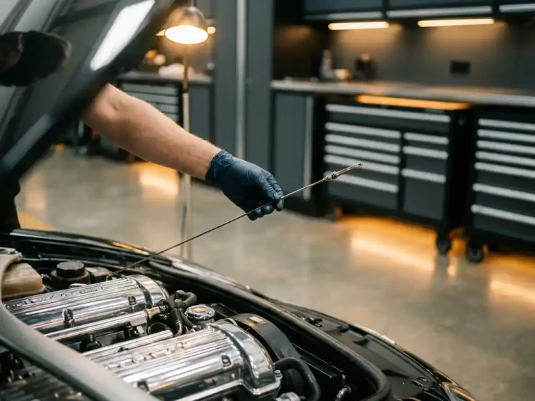 Technicus controleert olieniveau met peilstok in glanzende luxe sportwagen motorruimte onder professionele werkplaatsverlichting