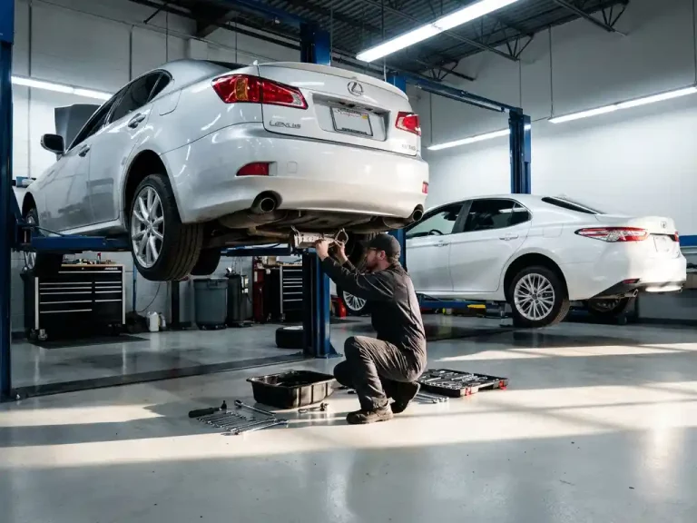 Monteur onderzoekt motoronderdeel tussen Lexus en Toyota sedan op hydraulische hefbruggen in professionele garage