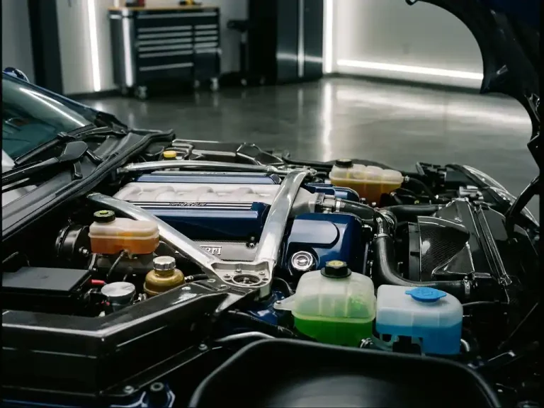 Luxe auto motorruimte met gevulde vloeistofreservoirs voor remvloeistof, motorolie, koelvloeistof en ruitensproeier in professionele garage