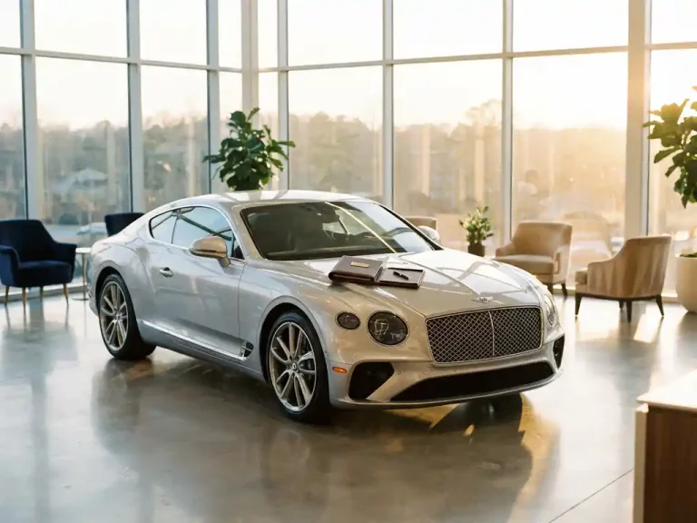 Zilveren Bentley Continental GT in moderne showroom met warranty document op motorkap