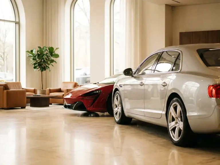 Zilveren Bentley sedan en rode McLaren sportwagen geparkeerd naast elkaar in luxe Utrecht showroom met marmeren vloeren
