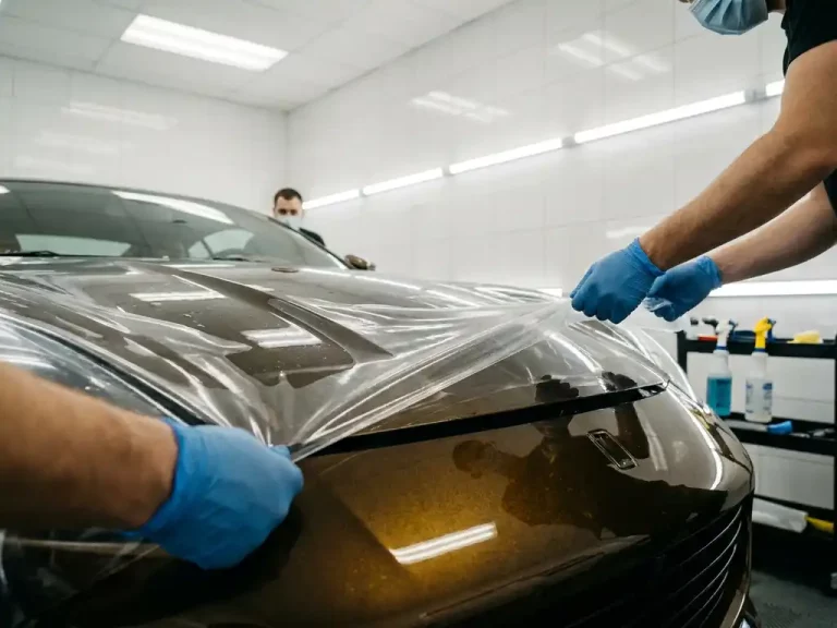 Professionele montage van transparante beschermfolie op glanzende motorkap van luxe sportwagen in witte detailing werkplaats