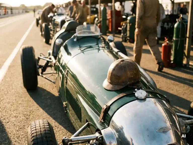 Glanzende jaren 60 open-wheel racewagen in British Racing Green op een zonnige pitlane, met leren helm en stopwatch op de motorkap.