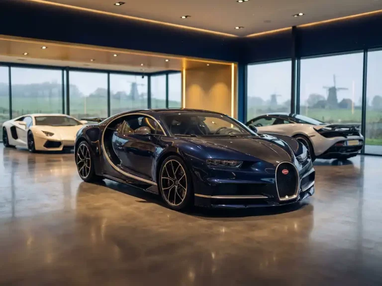 Bugatti Chiron in donkerblauw in moderne showroom met Lamborghini en McLaren, dramatische verlichting op gepolijste vloeren