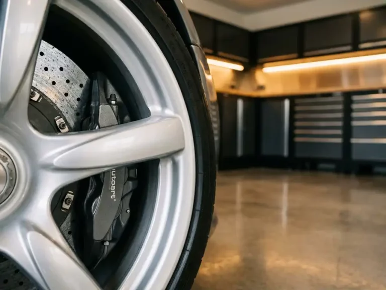Geperforeerde carbon-keramische remschijf achter zilveren lichtmetalen velg in luxe garage met gepolijste betonvloer