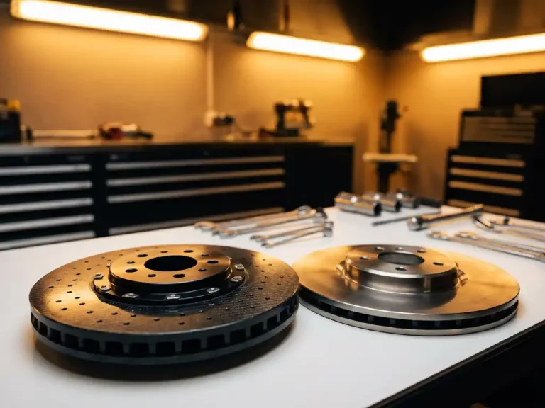 Carbon-keramische remschijf met doorboring naast traditionele stalen remschijf op witte werkbank in luxe autowerkplaats