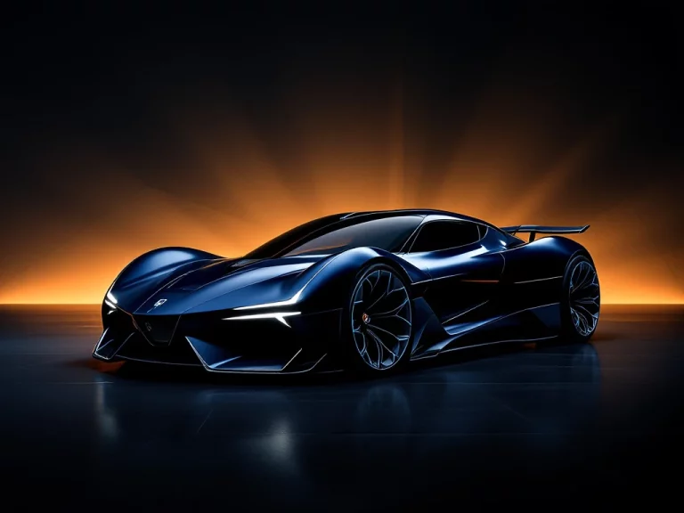 Futuristische De Tomaso sportwagen in metallic middernachtblauw met LED-verlichting op gepolijste zwarte ondergrond