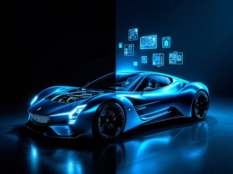 Metallic blauwe De Tomaso sportwagen met open motorkap toont hybride elektrische componenten en holografische displays