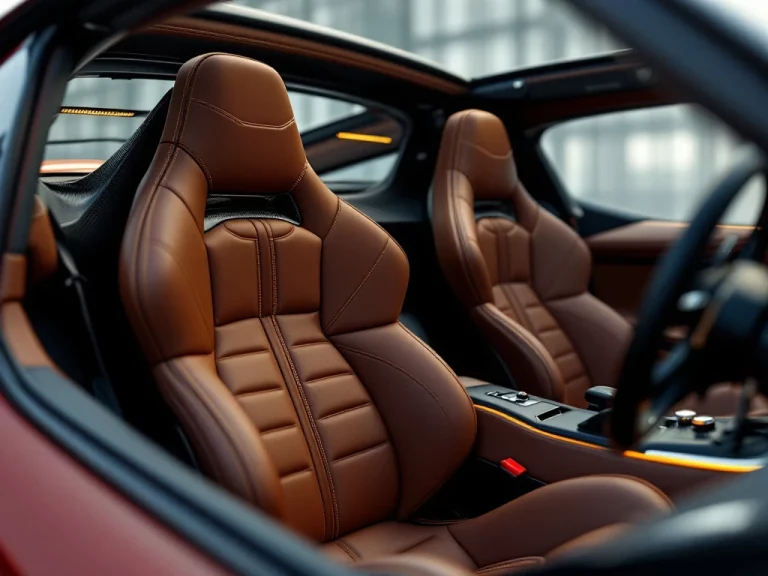 De Tomaso sportwagen interieur met cognac leren racestoelen, carbon dashboard en exclusieve Italiaanse luxe afwerking