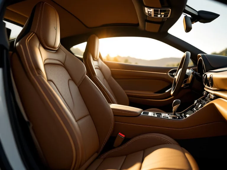 Luxe interieur van De Tomaso sportwagen met leren stoelen, ergonomisch dashboard en sfeerverlichting