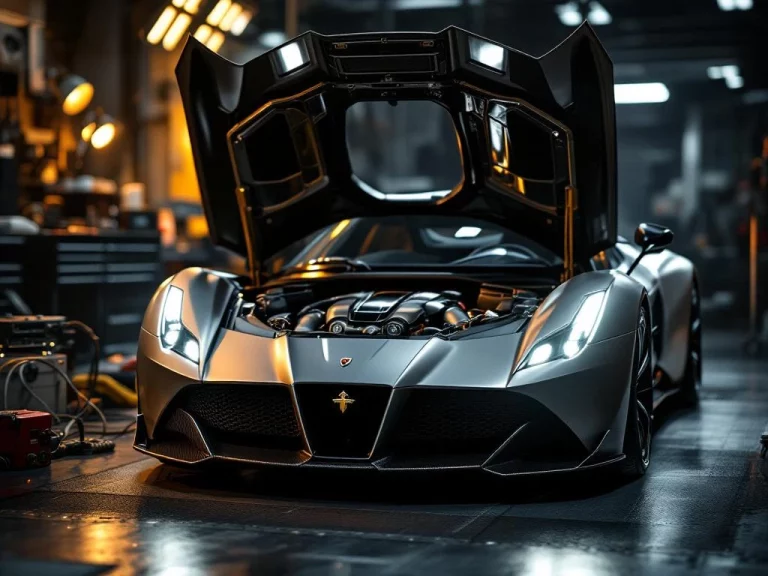 De Tomaso sportwagen motorruimte met open motorkap, diagnostische apparatuur en professionele gereedschappen in werkplaats