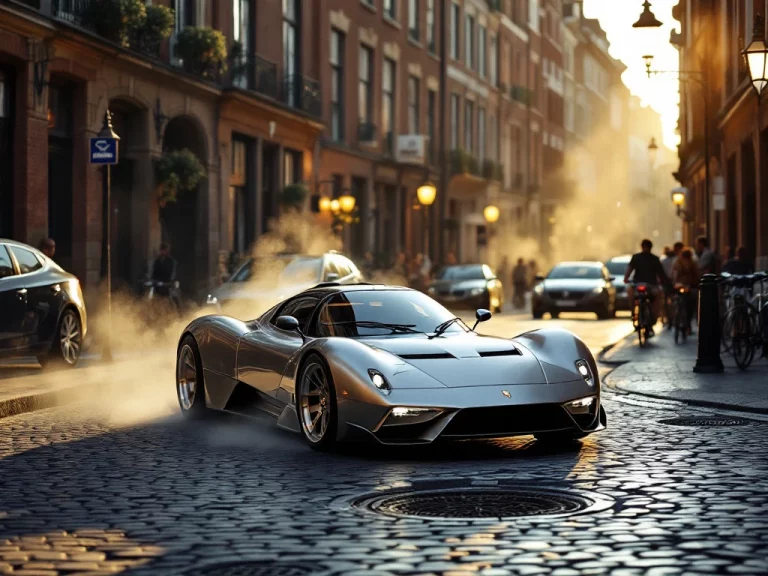 De Tomaso P72 sportwagen rijdt door smalle kasseienstraten in historisch Europees stadscentrum tijdens gouden uur