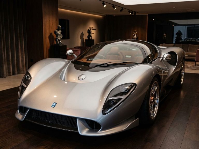 Zilveren De Tomaso P72 sportwagen in luxe showroom met dramatische belichting en zichtbaar leren interieur