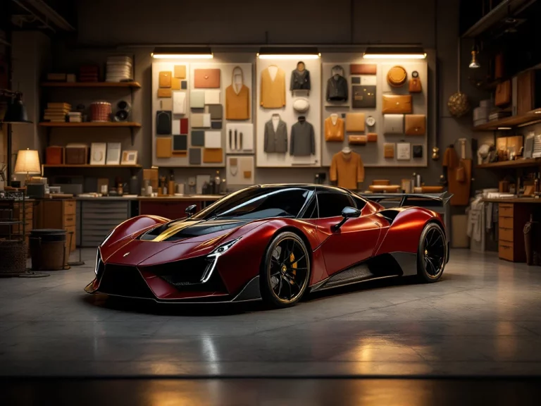 De Tomaso P72 sportwagen met carbon accenten in luxe customization werkplaats met leer samples en kleurstalen