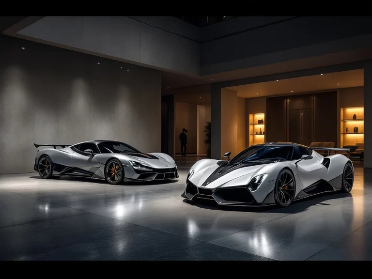 Twee De Tomaso supercars P72 en P900 in luxe showroom met dramatische verlichting en gepolijste betonvloeren