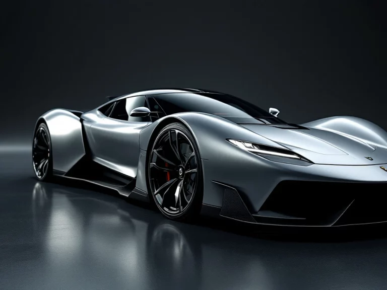 De Tomaso P72 sportwagen in metallic zilver met aerodynamische lijnen, brandstofmeter display en carbon accenten