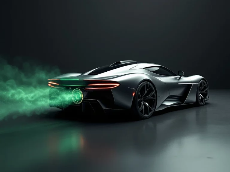 Zilveren De Tomaso P72 sportwagen in driekwart hoek met CO2-uitstoot visualisatie tegen donkere achtergrond