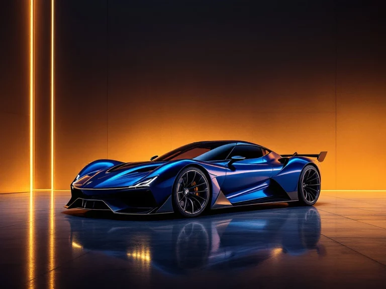 De Tomaso P72 sportwagen in middernachtblauw onder dramatische studiobelichting op gepolijste betonvloer