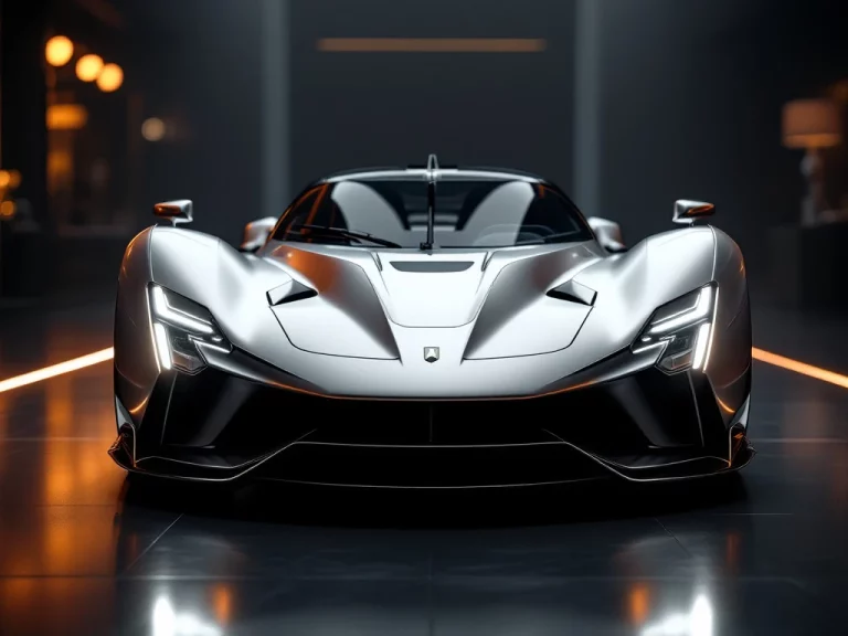 Metallic zilveren De Tomaso P72 supercar in dramatische hoek met oranje accentverlichting in luxe showroom