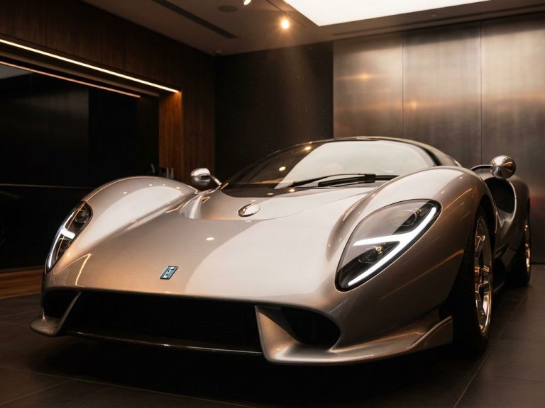 Zilveren De Tomaso P72 supersportwagen in luxe showroom met dramatische studiobelichting en carbon fiber details