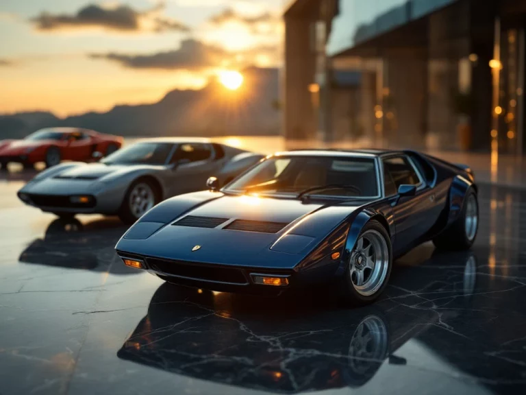 Drie De Tomaso auto's tonen merkovolutie: klassieke Pantera voorgrond, moderne modellen achtergrond op marmeren vloer