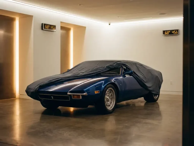 De Tomaso Pantera in diepblauwe metallic lak onder gedeeltelijk weggetrokken autohoes in klimaatgecontroleerde garage