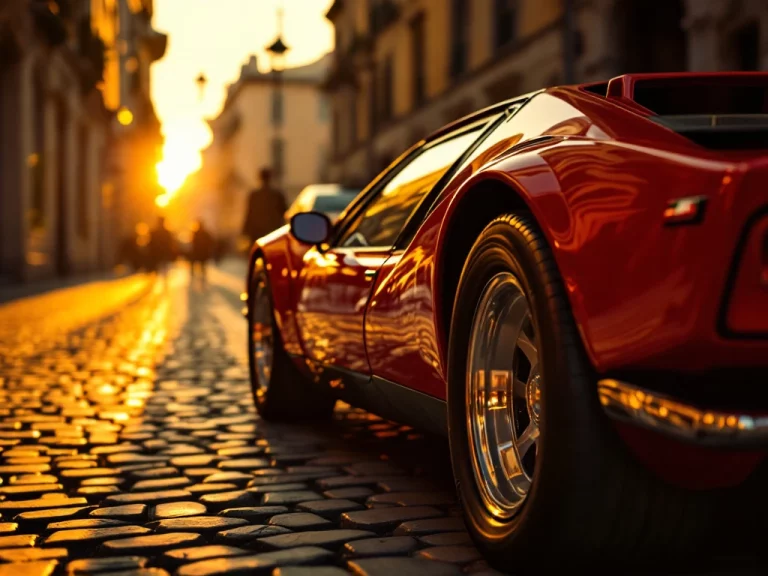 Rode De Tomaso Pantera sportwagen op Italiaanse kinderkopjes tijdens gouden uur, dramatische schaduwen op gepolijste carrosserie