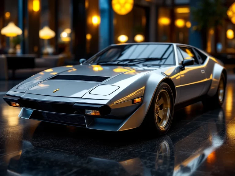 De Tomaso Pantera klassieke sportwagen in luxe showroom met gouden accenten die investeringspotentieel suggereren