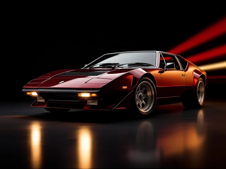 De Tomaso Pantera sportwagen in donkerrood metallic met opklapbare koplampen tegen zwarte achtergrond met studioverlichting