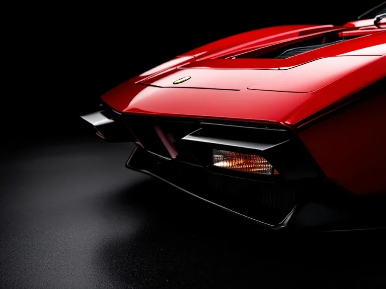 Rode De Tomaso Pantera sportwagen close-up met kenmerkende wigvorm en agressieve voorkant tegen donkere achtergrond