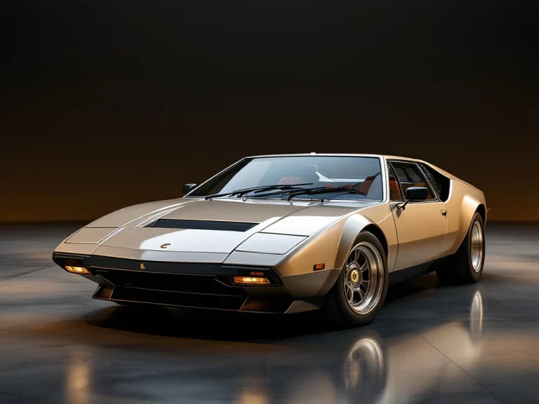Classic De Tomaso Pantera sportwagen in luxe showroom met gouden prijslabels en euro symbolen zwevend rond auto