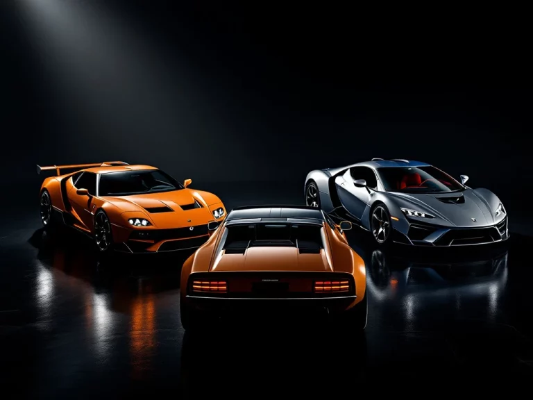 Drie De Tomaso sportwagens: oranje Pantera voorgrond, zilveren Mangusta en blauwe P72 op zwarte ondergrond met studiobelichting