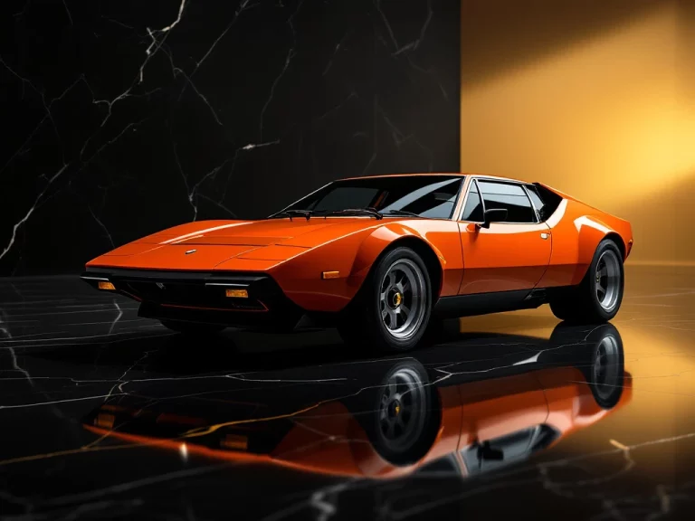 Oranje De Tomaso Pantera sportwagen op zwart marmer met dramatische studiobelichting en luxe achtergrond