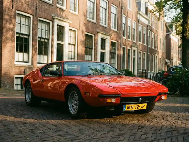 Rode De Tomaso Pantera geparkeerd in Nederlandse oprit met traditionele bakstenen huizen op de achtergrond