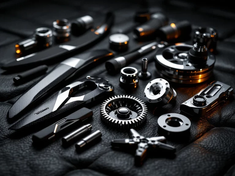 Premium De Tomaso auto-accessoires op zwart leer: carbon fiber onderdelen, aluminium performance parts en wielcomponenten